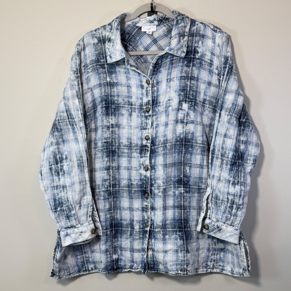 J. Jill Plaid Tie Dye Button Down Women XL Blue White Gauze Coastal Lightweight